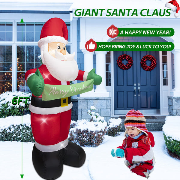 AFINETH 6FT Christmas Inflatable Santa Claus, Blow Up Santa with Merry Christmas Banner, Built-in LED Lights Outdoor Decorations Xmas Santa, Giant Blow Up Yard Decoration for Christmas, Holiday, Party