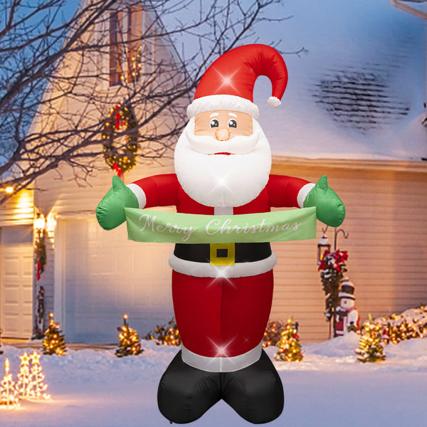 AFINETH 6FT Christmas Inflatable Santa Claus, Blow Up Santa with Merry Christmas Banner, Built-in LED Lights Outdoor Decorations Xmas Santa, Giant Blow Up Yard Decoration for Christmas, Holiday, Party