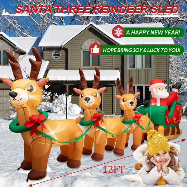 AFINETH 12ft Lighted Christmas Inflatables Santa Claus on Sleigh with 3 Reindeer & Gift Boxes, Giant Blow Up Inflatable Christmas Decorations, Built-in LED Lights Yard Decoration for Christmas, Holiday Party