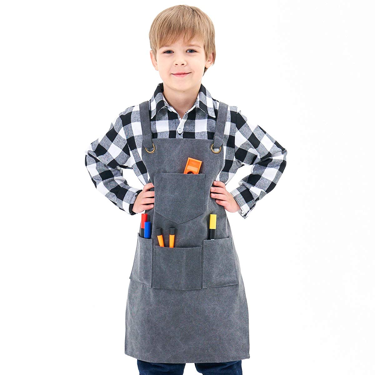 NEOVIVA Heavy Duty Work Apron for Kid Boys with Pockets and Adjustable Cross-Back Straps, Durable Canvas Tool Apron for Son, Style Drew, Golden Rod
