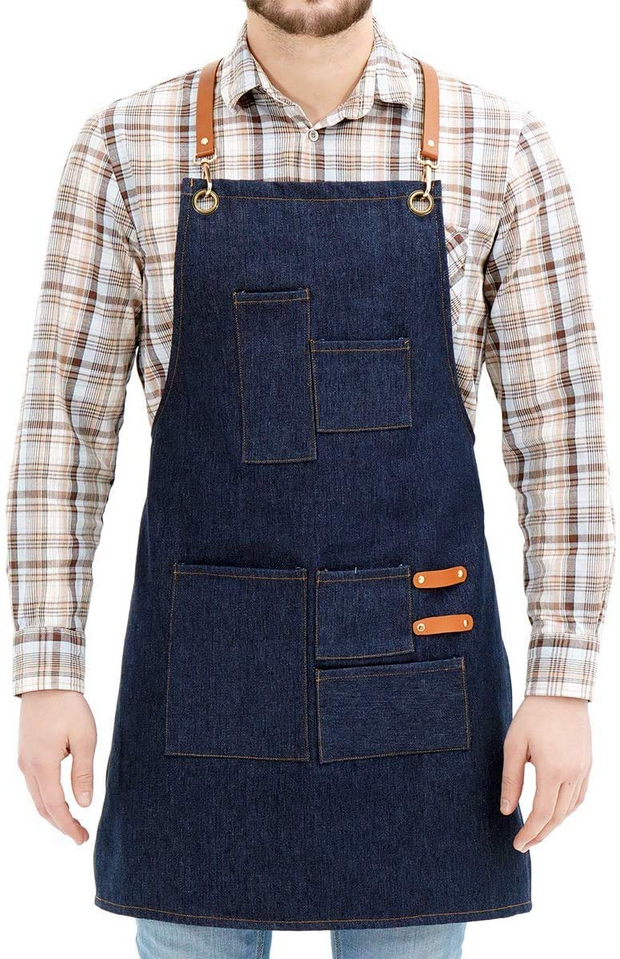 NEOVIVA Stylish Denim Apron for Chef Women Men with Multi-Purpose Tool Pockets, Professional Grilling BBQ Aprons