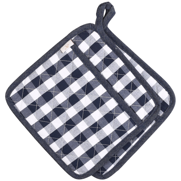 NEOVIVA Quilted Denim Kitchen Pot Holder Set of 2 with Loop, 8”x8” Hot Pot Holders Heat Resistant with Pocket for Easy Grip