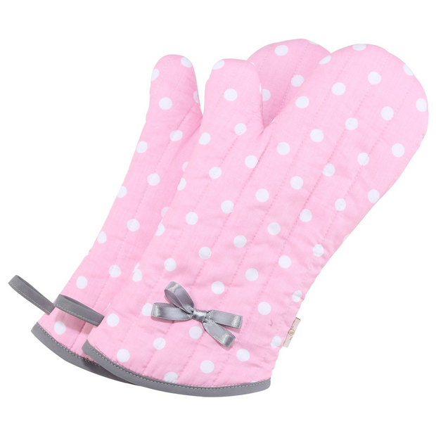 NEOVIVA Kitchen Oven Mitts for Adults, Heat Resistant Cotton Oven Gloves Set of 2 for Cooking Baking, Kitchen Gloves for Farmhouse Restaurant, Polka Dots Pink