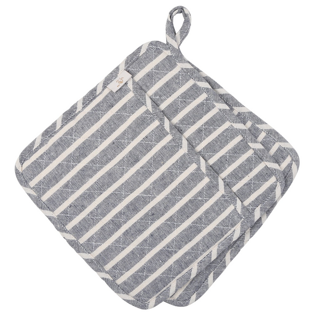 NEOVIVA Quilted Denim Kitchen Pot Holder Set of 2 with Loop, 8”x8” Hot Pot Holders Heat Resistant with Pocket for Easy Grip