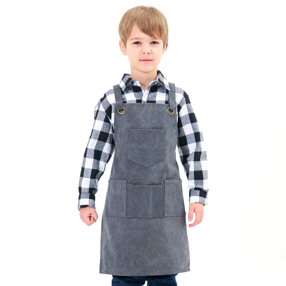 NEOVIVA Heavy Duty Work Apron for Kid Boys with Pockets and Adjustable Cross-Back Straps, Durable Canvas Tool Apron for Son, Style Drew, Golden Rod