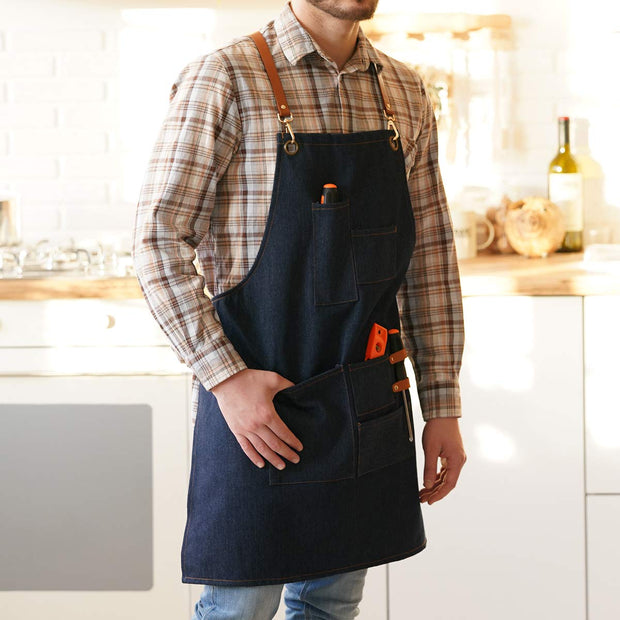 NEOVIVA Stylish Denim Apron for Chef Women Men with Multi-Purpose Tool Pockets, Professional Grilling BBQ Aprons