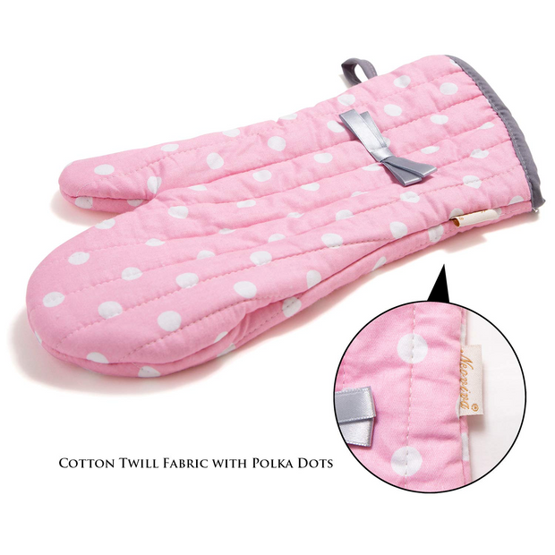 NEOVIVA Kitchen Oven Mitts for Adults, Heat Resistant Cotton Oven Gloves Set of 2 for Cooking Baking, Kitchen Gloves for Farmhouse Restaurant, Polka Dots Pink