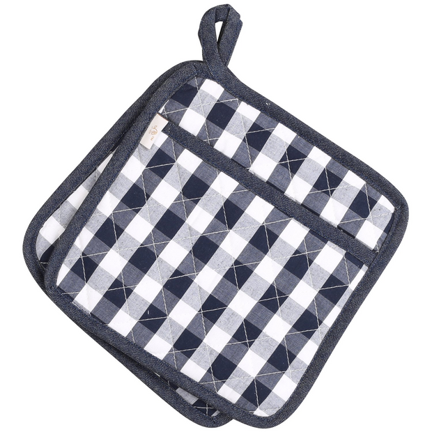 NEOVIVA Quilted Denim Kitchen Pot Holder Set of 2 with Loop, 8”x8” Hot Pot Holders Heat Resistant with Pocket for Easy Grip