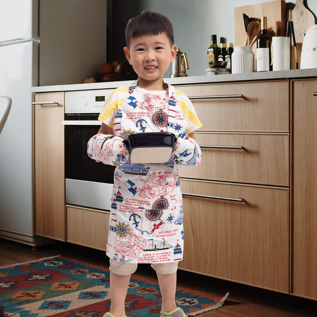 NEOVIVA Kitchen Linen Set for Kid Boys, Cute Kids Apron and Child Oven Mitts Set for Pretend Kitchen, Little Sailor