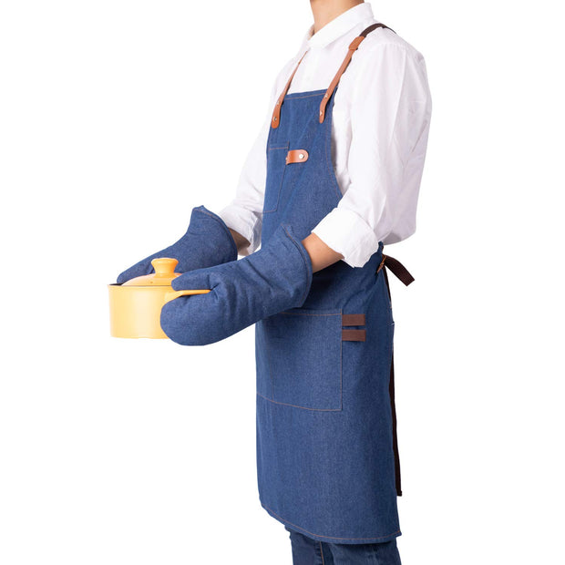 NEOVIVA Stylish Denim Apron for Chef Women Men with Multi-Purpose Tool Pockets, Professional Grilling BBQ Aprons
