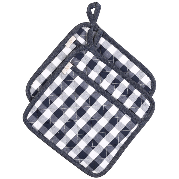 NEOVIVA Quilted Denim Kitchen Pot Holder Set of 2 with Loop, 8”x8” Hot Pot Holders Heat Resistant with Pocket for Easy Grip