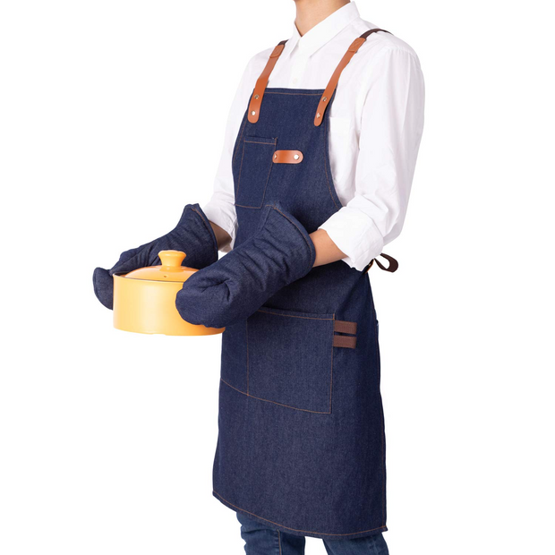 NEOVIVA Stylish Denim Apron for Chef Women Men with Multi-Purpose Tool Pockets, Professional Grilling BBQ Aprons