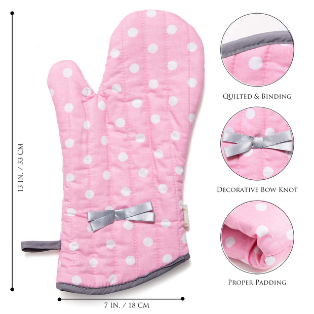 NEOVIVA Kitchen Oven Mitts for Adults, Heat Resistant Cotton Oven Gloves Set of 2 for Cooking Baking, Kitchen Gloves for Farmhouse Restaurant, Polka Dots Pink