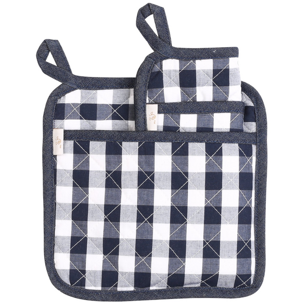 NEOVIVA Quilted Denim Kitchen Pot Holder Set of 2 with Loop, 8”x8” Hot Pot Holders Heat Resistant with Pocket for Easy Grip