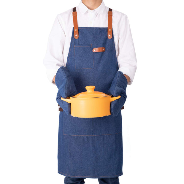 NEOVIVA Stylish Denim Apron for Chef Women Men with Multi-Purpose Tool Pockets, Professional Grilling BBQ Aprons