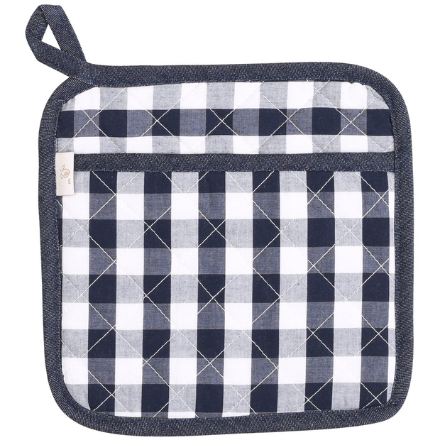 NEOVIVA Quilted Denim Kitchen Pot Holder Set of 2 with Loop, 8”x8” Hot Pot Holders Heat Resistant with Pocket for Easy Grip