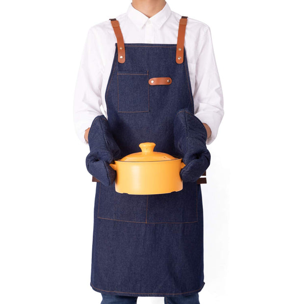 NEOVIVA Stylish Denim Apron for Chef Women Men with Multi-Purpose Tool Pockets, Professional Grilling BBQ Aprons
