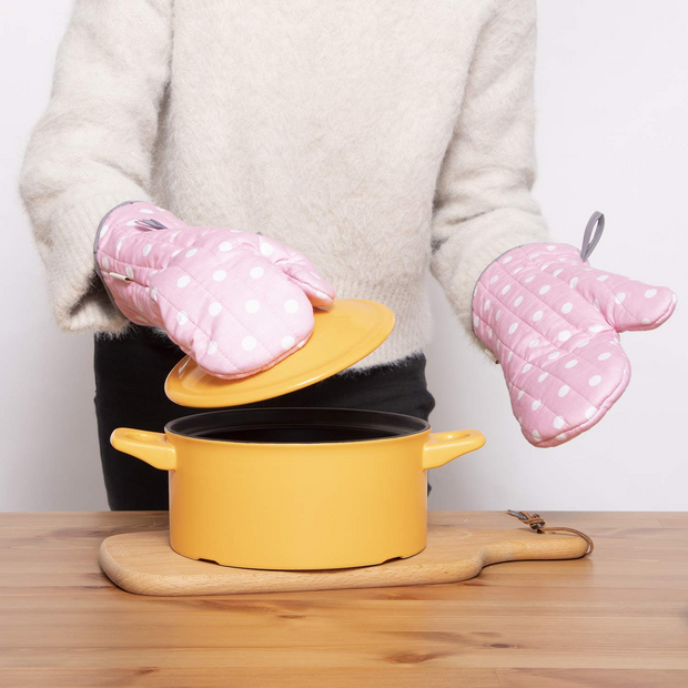 NEOVIVA Kitchen Oven Mitts for Adults, Heat Resistant Cotton Oven Gloves Set of 2 for Cooking Baking, Kitchen Gloves for Farmhouse Restaurant, Polka Dots Pink