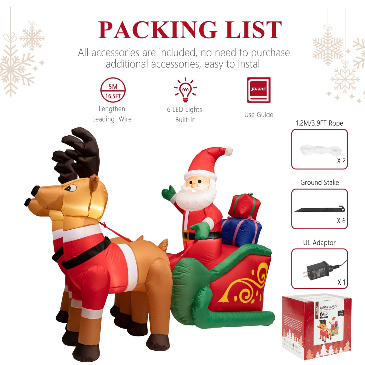 JOIONE 6FT Long Christmas Inflatables Outdoor Decorations, Inflatable Santa Claus on Sleigh with Reindeer & Gift Boxes, Christmas Blow up Built-in LED Lights for Yard Outdoor Party Xmas Holiday Décor