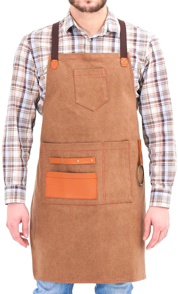 NEOVIVA Heavy Duty Work Apron for Kid Boys with Pockets and Adjustable Cross-Back Straps, Durable Canvas Tool Apron for Son, Style Drew, Golden Rod