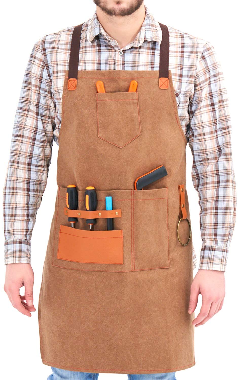 NEOVIVA Heavy Duty Work Apron for Kid Boys with Pockets and Adjustable Cross-Back Straps, Durable Canvas Tool Apron for Son, Style Drew, Golden Rod