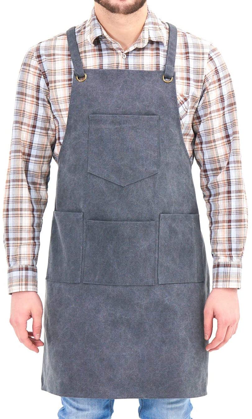 NEOVIVA Heavy Duty Work Apron for Kid Boys with Pockets and Adjustable Cross-Back Straps, Durable Canvas Tool Apron for Son, Style Drew, Golden Rod