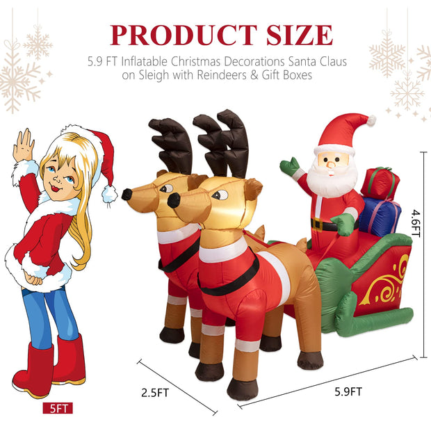 JOIONE 6FT Long Christmas Inflatables Outdoor Decorations, Inflatable Santa Claus on Sleigh with Reindeer & Gift Boxes, Christmas Blow up Built-in LED Lights for Yard Outdoor Party Xmas Holiday Décor