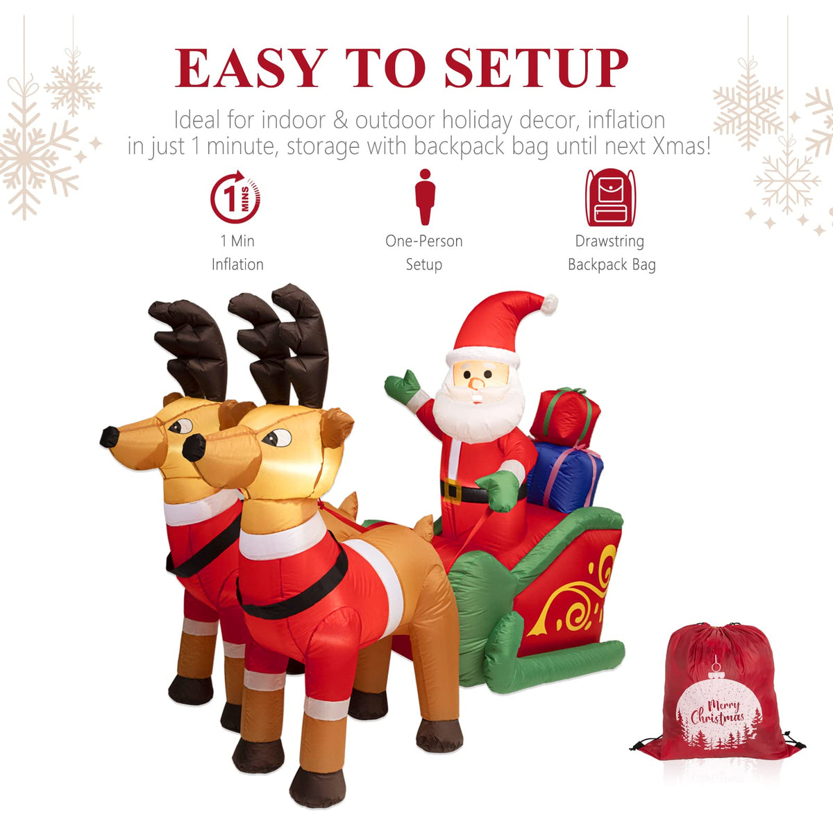 JOIONE 6FT Long Christmas Inflatables Outdoor Decorations, Inflatable Santa Claus on Sleigh with Reindeer & Gift Boxes, Christmas Blow up Built-in LED Lights for Yard Outdoor Party Xmas Holiday Décor