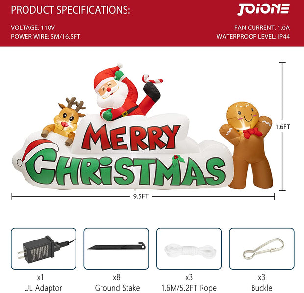 JOIONE 9.5FT Merry Christmas Inflatables with Santa, Reindeer & Gingerman, Build-in 5LED Lights Blow Up Christmas Inflatables Outdoor Decorations for Xmas Party, Indoor, Yard, Lawn, Garden Winter Decorations