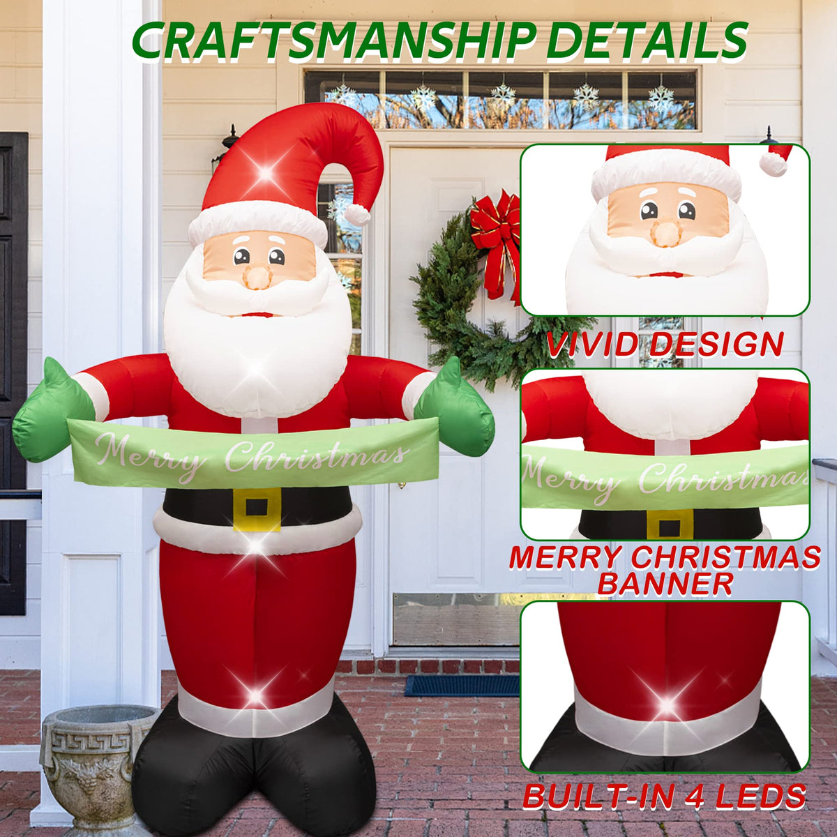 AFINETH 6FT Christmas Inflatable Santa Claus, Blow Up Santa with Merry Christmas Banner, Built-in LED Lights Outdoor Decorations Xmas Santa, Giant Blow Up Yard Decoration for Christmas, Holiday, Party