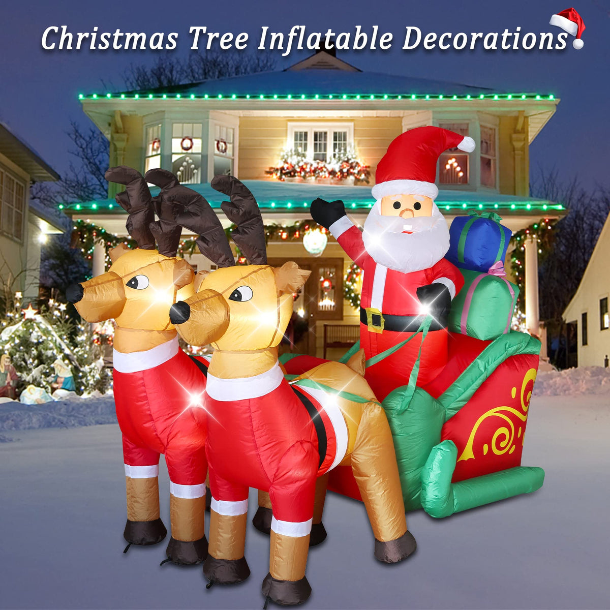LUSHARBOR Christmas Inflatables Outdoor Decorations, Christmas Santa Claus on Sleigh with Reindeers & Gift Boxes, Blow up Xmas Yard Decorations with 6 Built-in LED Lights for Xmas Holiday Party
