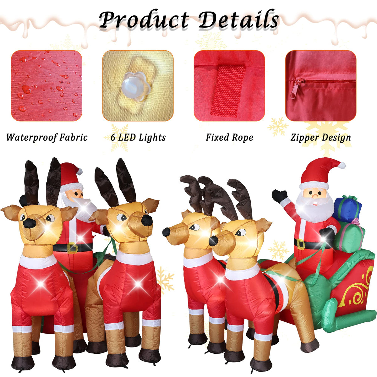 LUSHARBOR Christmas Inflatables Outdoor Decorations, Christmas Santa Claus on Sleigh with Reindeers & Gift Boxes, Blow up Xmas Yard Decorations with 6 Built-in LED Lights for Xmas Holiday Party