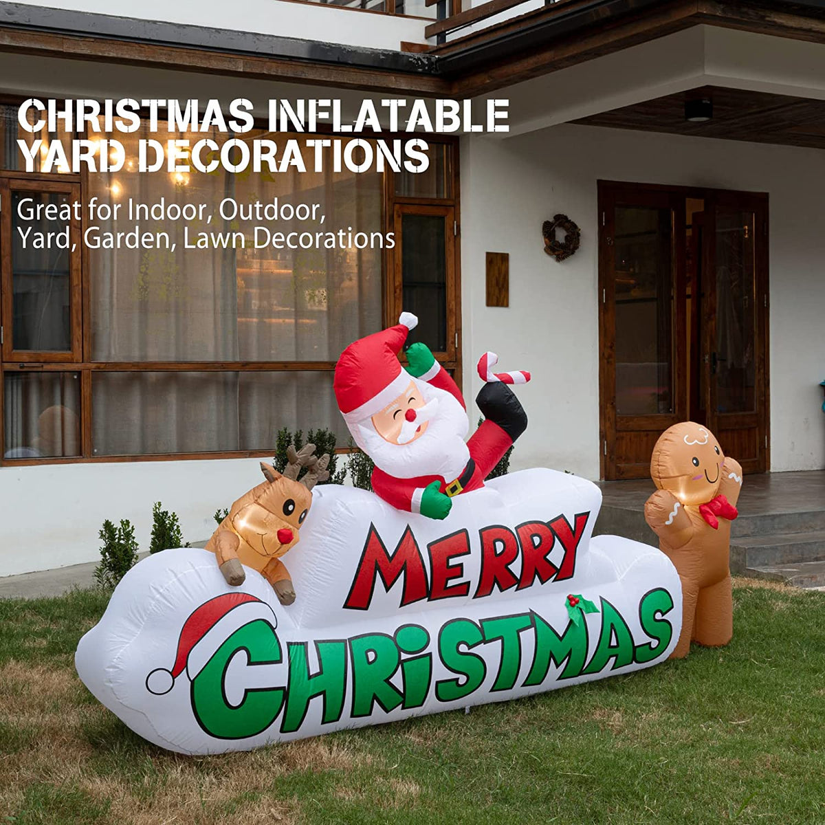 JOIONE 9.5FT Merry Christmas Inflatables with Santa, Reindeer & Gingerman, Build-in 5LED Lights Blow Up Christmas Inflatables Outdoor Decorations for Xmas Party, Indoor, Yard, Lawn, Garden Winter Decorations