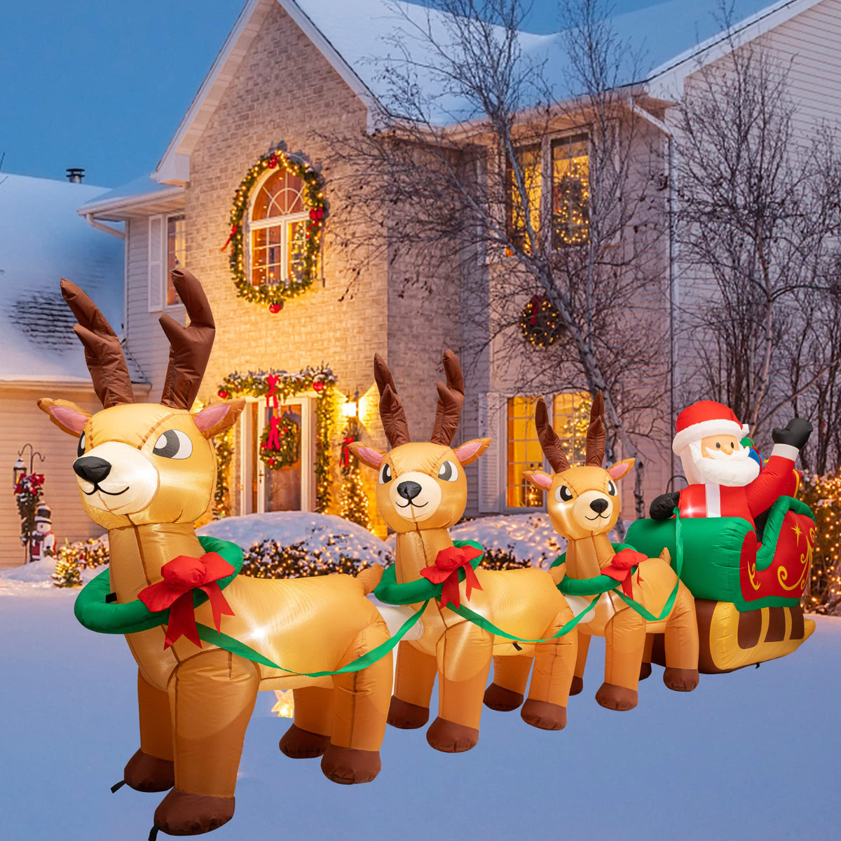 AFINETH 12ft Lighted Christmas Inflatables Santa Claus on Sleigh with 3 Reindeer & Gift Boxes, Giant Blow Up Inflatable Christmas Decorations, Built-in LED Lights Yard Decoration for Christmas, Holiday Party