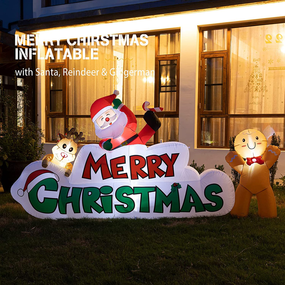 JOIONE 9.5FT Merry Christmas Inflatables with Santa, Reindeer & Gingerman, Build-in 5LED Lights Blow Up Christmas Inflatables Outdoor Decorations for Xmas Party, Indoor, Yard, Lawn, Garden Winter Decorations
