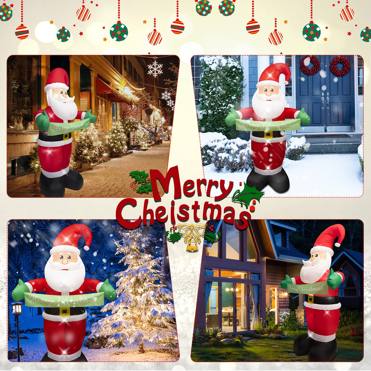 AFINETH 6FT Christmas Inflatable Santa Claus, Blow Up Santa with Merry Christmas Banner, Built-in LED Lights Outdoor Decorations Xmas Santa, Giant Blow Up Yard Decoration for Christmas, Holiday, Party