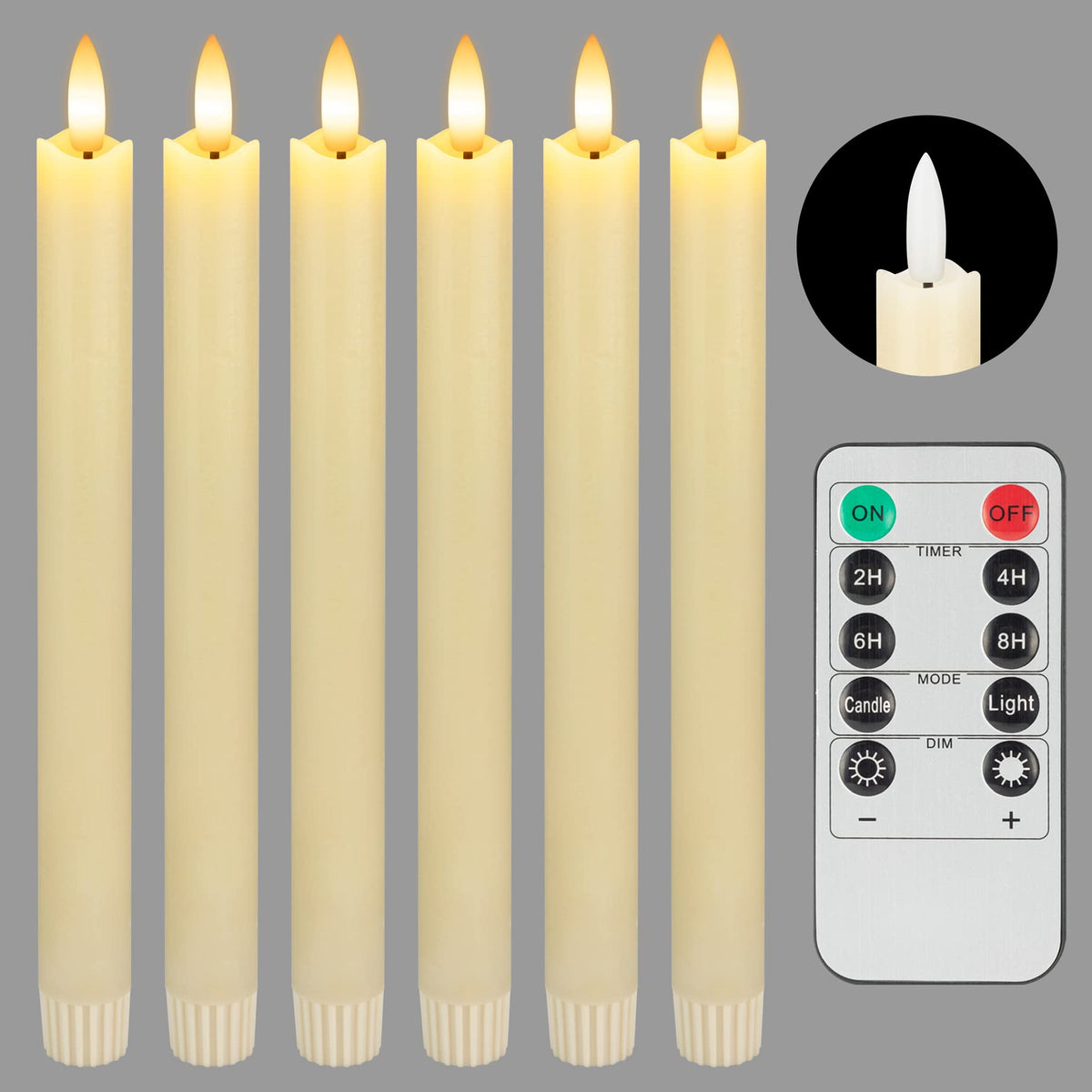 SEHNSY Real Wax Flameless Taper Candles with Remote Timer,Battery Operated LED Candles Set with 3D Flickering Flame,9.6" Ivory Realistic Dripless Candlesticks for Wedding Home Decor,6 Pack