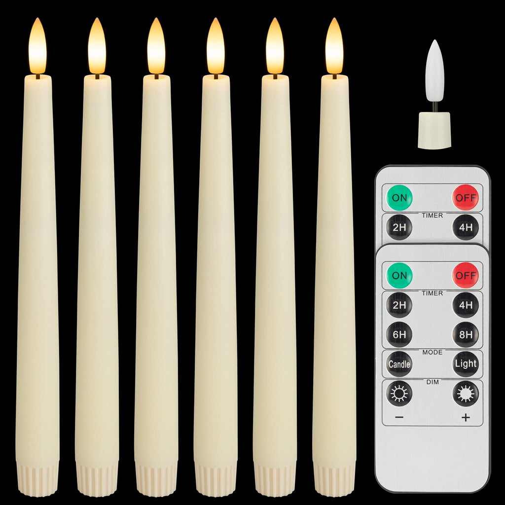 SEHNSY Real Wax Flameless Taper Candles with 2 Remote Timers,Battery Operated LED Candles Set with 3D Flickering Flame,9.6" Ivory Realistic Dripless Candlesticks for Wedding Home Decor,6 Pack