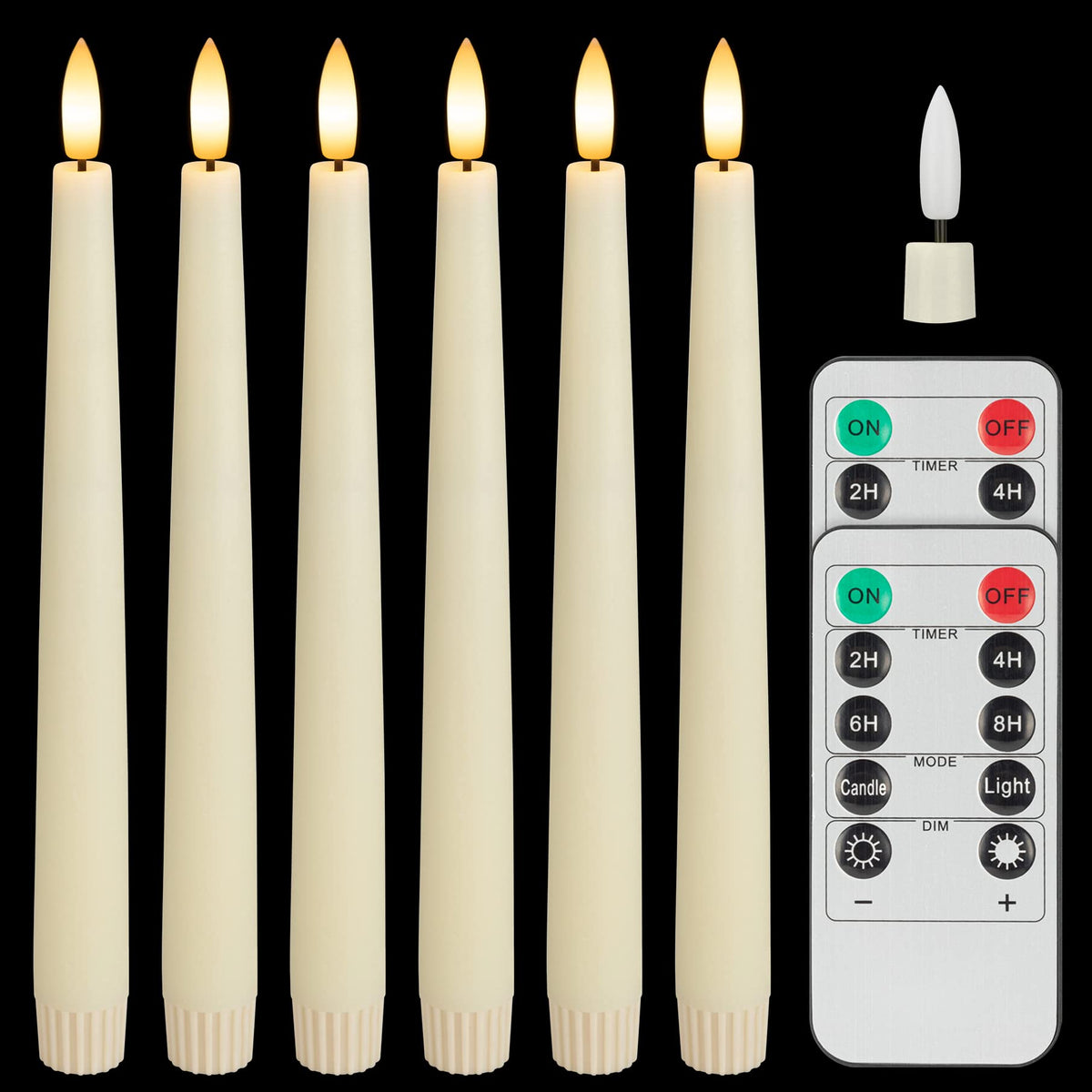 SEHNSY Real Wax Flameless Taper Candles with 2 Remote Timers,Battery Operated LED Candles Set with 3D Flickering Flame,9.6" Ivory Realistic Dripless Candlesticks for Wedding Home Decor,6 Pack
