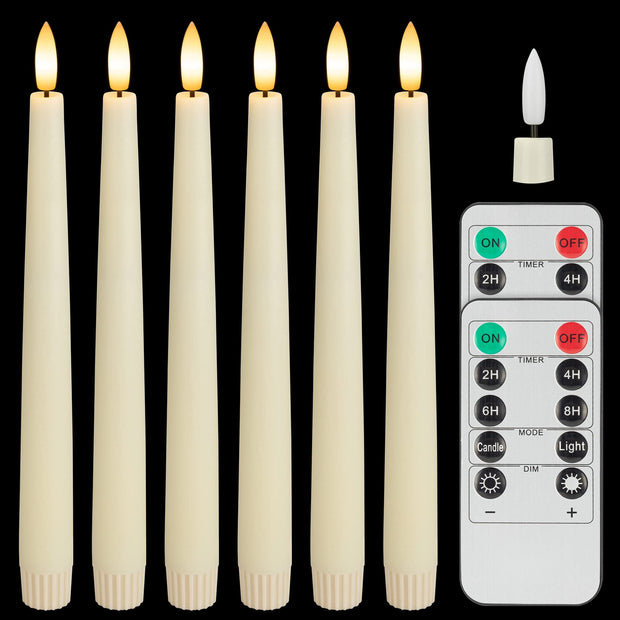 SEHNSY Real Wax Flameless Taper Candles with 2 Remote Timers,Battery Operated LED Candles Set with 3D Flickering Flame,9.6" Ivory Realistic Dripless Candlesticks for Wedding Home Decor,6 Pack