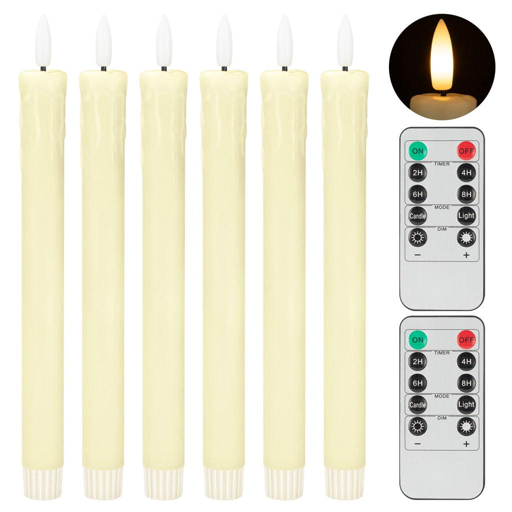SEHNSY Real Wax Flameless Taper Candles with 2 Remote Timer,Dropping Wax Battery Operated LED Candles Set with 3D Flickering Flame,9.6" Ivory Realistic Candlesticks for Wedding Home Decor,6 Pack