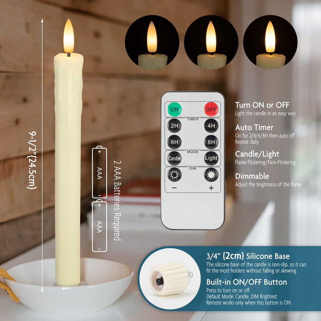 SEHNSY Real Wax Flameless Taper Candles with 2 Remote Timer,Dropping Wax Battery Operated LED Candles Set with 3D Flickering Flame,9.6" Ivory Realistic Candlesticks for Wedding Home Decor,6 Pack