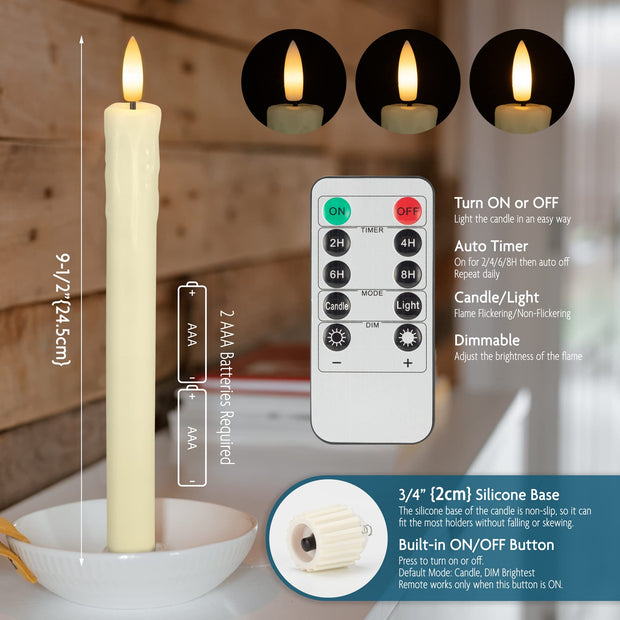 SEHNSY Real Wax Flameless Taper Candles with 2 Remote Timer,Dropping Wax Battery Operated LED Candles Set with 3D Flickering Flame,9.6" Ivory Realistic Candlesticks for Wedding Home Decor,6 Pack