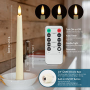 SEHNSY Real Wax Flameless Taper Candles with 2 Remote Timers,Battery Operated LED Candles Set with 3D Flickering Flame,9.6" Ivory Realistic Dripless Candlesticks for Wedding Home Decor,6 Pack