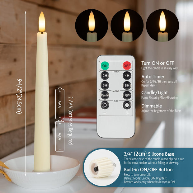 SEHNSY Real Wax Flameless Taper Candles with 2 Remote Timers,Battery Operated LED Candles Set with 3D Flickering Flame,9.6" Ivory Realistic Dripless Candlesticks for Wedding Home Decor,6 Pack
