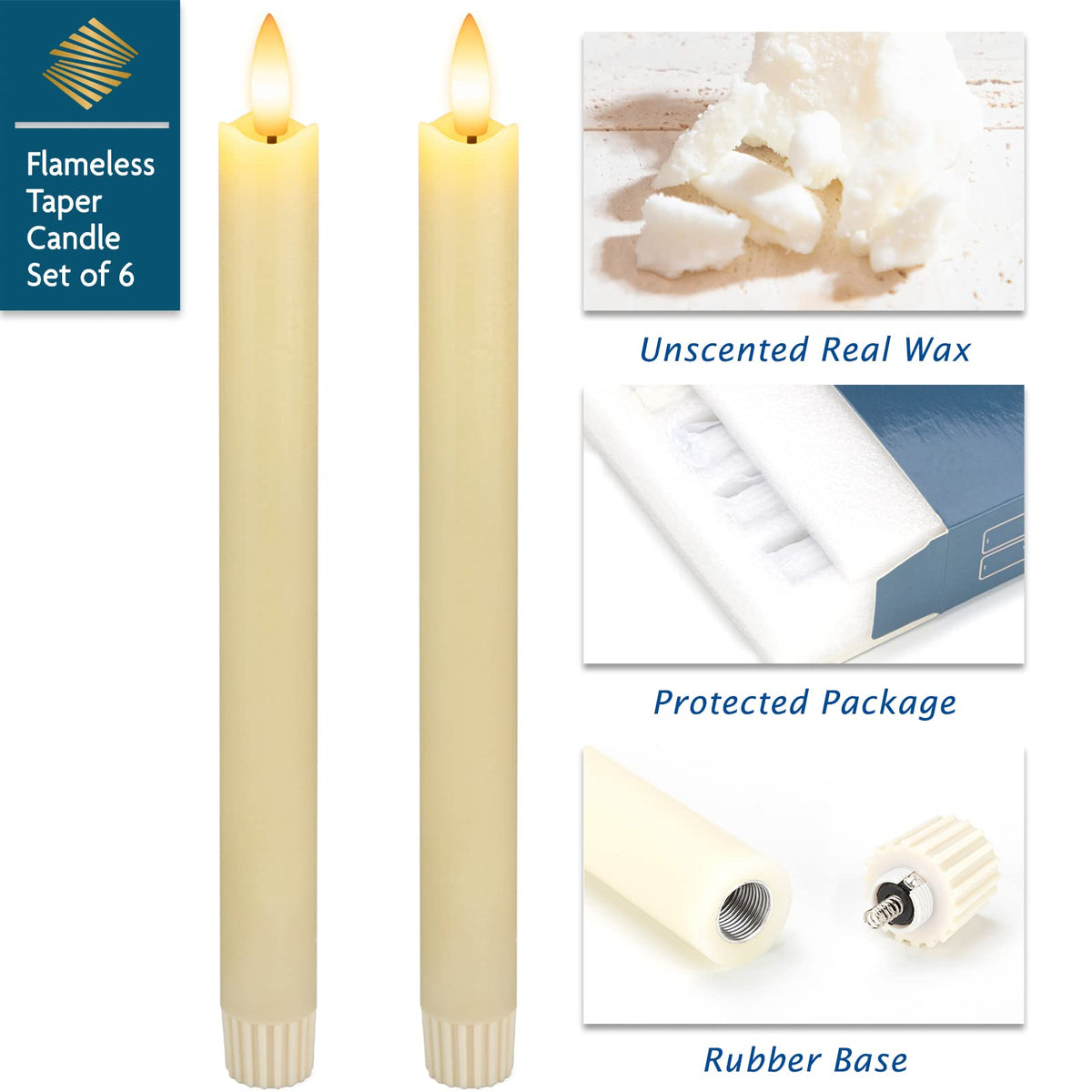 SEHNSY Real Wax Flameless Taper Candles with Remote Timer,Battery Operated LED Candles Set with 3D Flickering Flame,9.6" Ivory Realistic Dripless Candlesticks for Wedding Home Decor,6 Pack