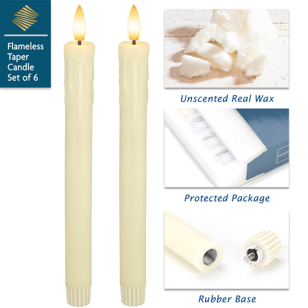 SEHNSY Real Wax Flameless Taper Candles with 2 Remote Timer,Dropping Wax Battery Operated LED Candles Set with 3D Flickering Flame,9.6" Ivory Realistic Candlesticks for Wedding Home Decor,6 Pack