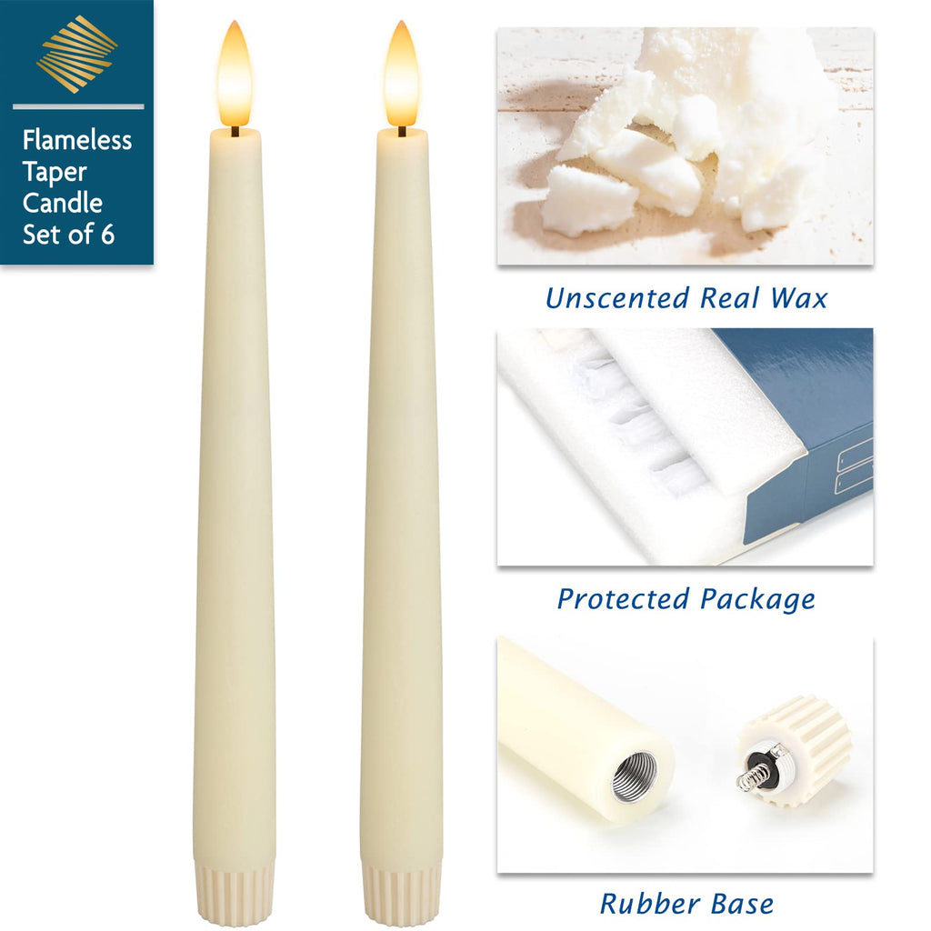 SEHNSY Real Wax Flameless Taper Candles with 2 Remote Timers,Battery Operated LED Candles Set with 3D Flickering Flame,9.6" Ivory Realistic Dripless Candlesticks for Wedding Home Decor,6 Pack