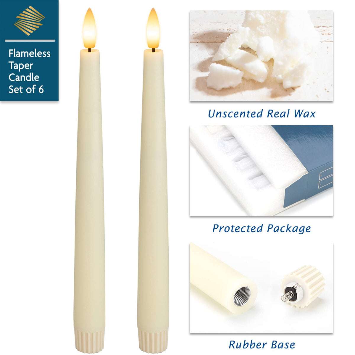 SEHNSY Real Wax Flameless Taper Candles with 2 Remote Timers,Battery Operated LED Candles Set with 3D Flickering Flame,9.6" Ivory Realistic Dripless Candlesticks for Wedding Home Decor,6 Pack