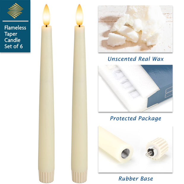 SEHNSY Real Wax Flameless Taper Candles with 2 Remote Timers,Battery Operated LED Candles Set with 3D Flickering Flame,9.6" Ivory Realistic Dripless Candlesticks for Wedding Home Decor,6 Pack